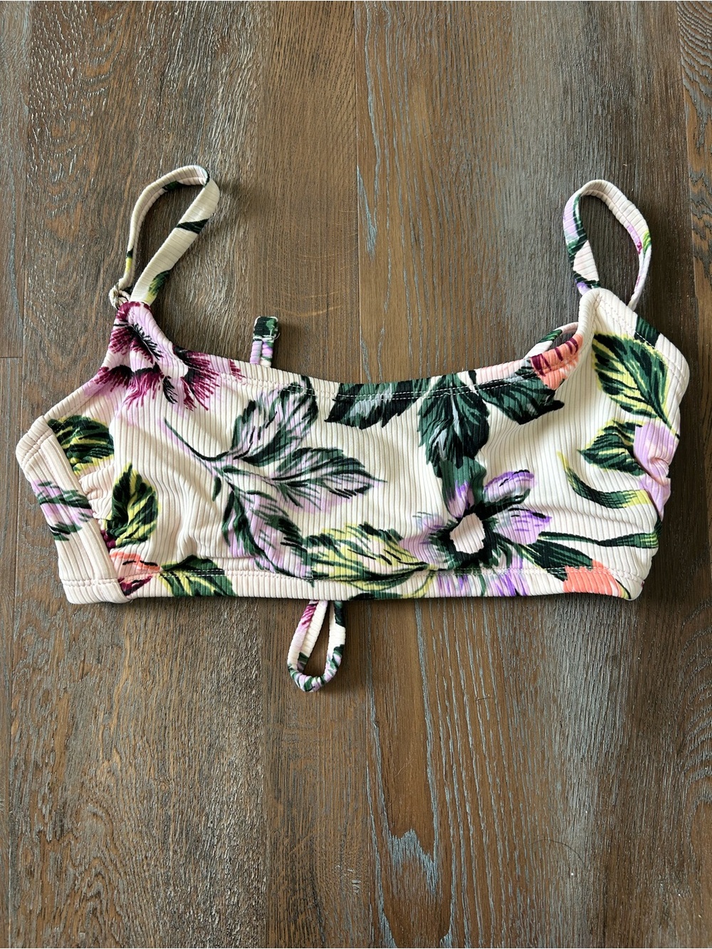 Cream Floral Ribbed bikini Top
